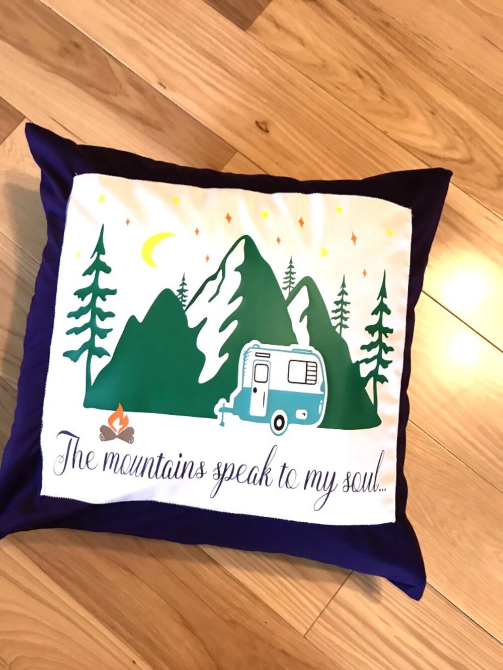 Mountain Camping Pillow Cover 18 x 18 Handmade Vintage Camper Teal Purple Decor